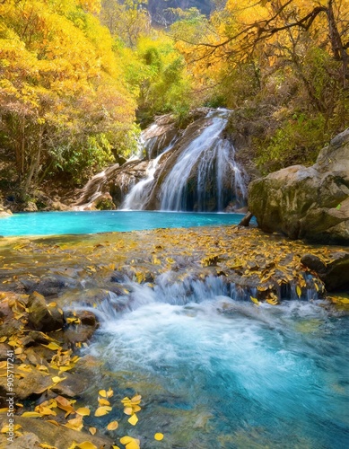 waterfall yellow forest leaf and blue stream with crystal clear river view