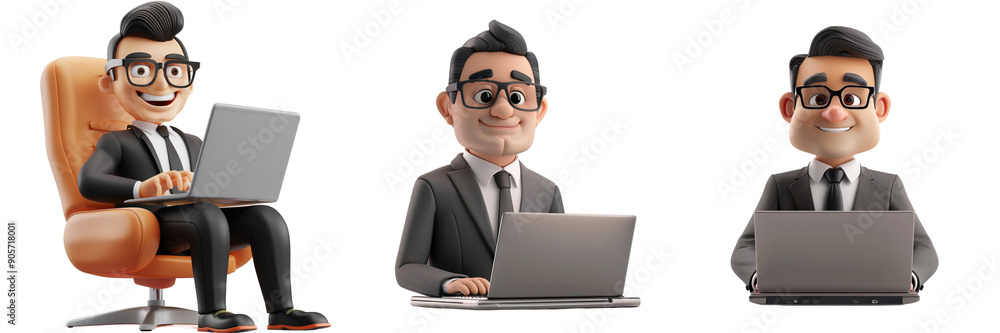 Untitled design - A set of A cheerful 3D businessman working on a laptop in a sleek Untitled design - A set of A cheerful 3D businessman working on a laptop in a sleek