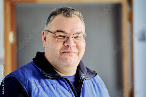 Face of large European man, 47 years old, wearing prescription glasses and smiling slyly.
