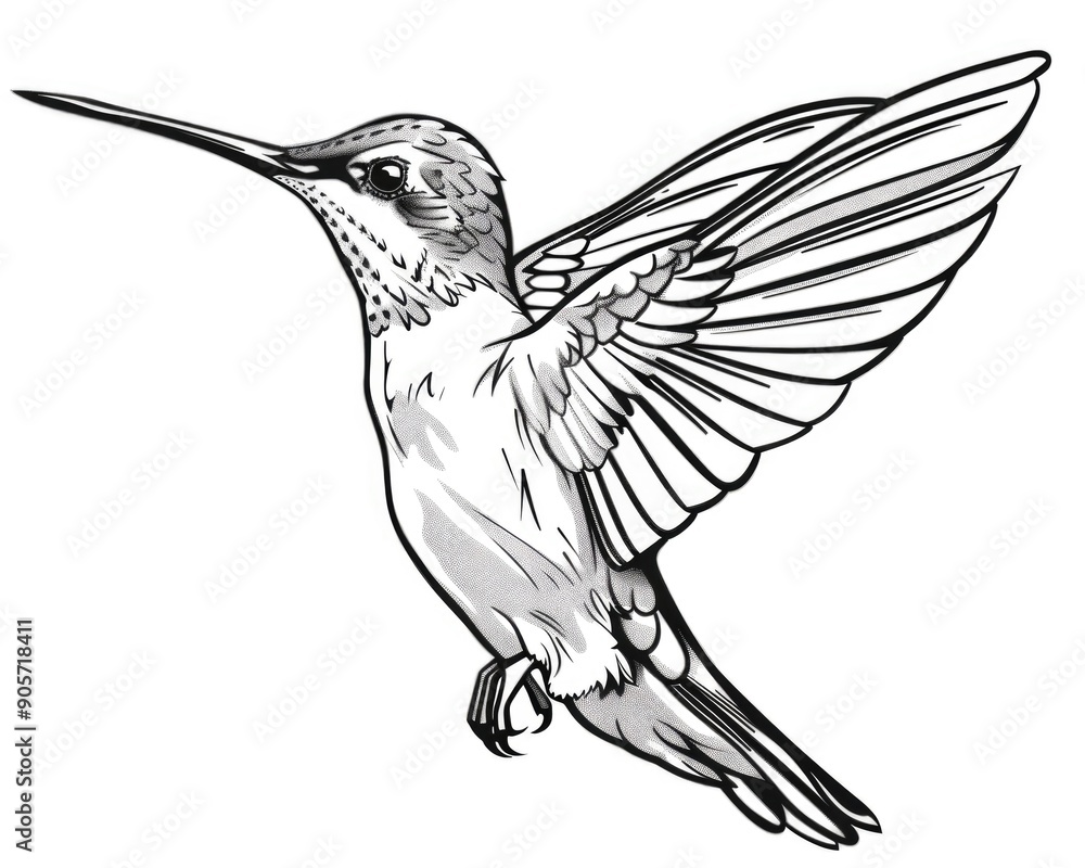 Obraz premium Humming Bird Outline. Isolated Tropical Bird Tattoo Design in White for Spring Imagery