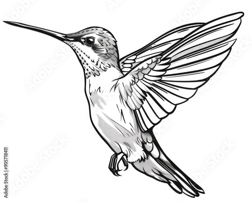 Humming Bird Outline. Isolated Tropical Bird Tattoo Design in White for Spring Imagery
