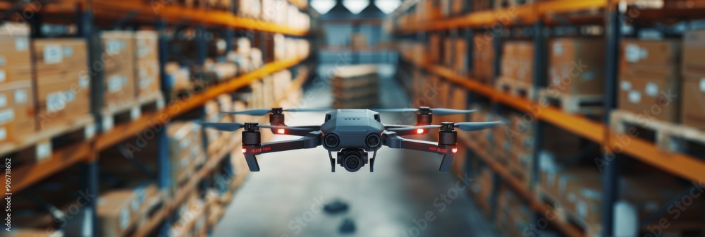 Innovative Industrial Solution: Autonomous Drones Delivering Parts in a Warehouse, Embracing the Concept of Warehouse Automation, Drone Technology, and Industrial Efficiency. Innovative Industrial Solution: Autonomous Drones Delivering Parts in a Warehouse, Embracing the Concept of Warehouse Automation, Drone Technology, and Industrial Efficiency.