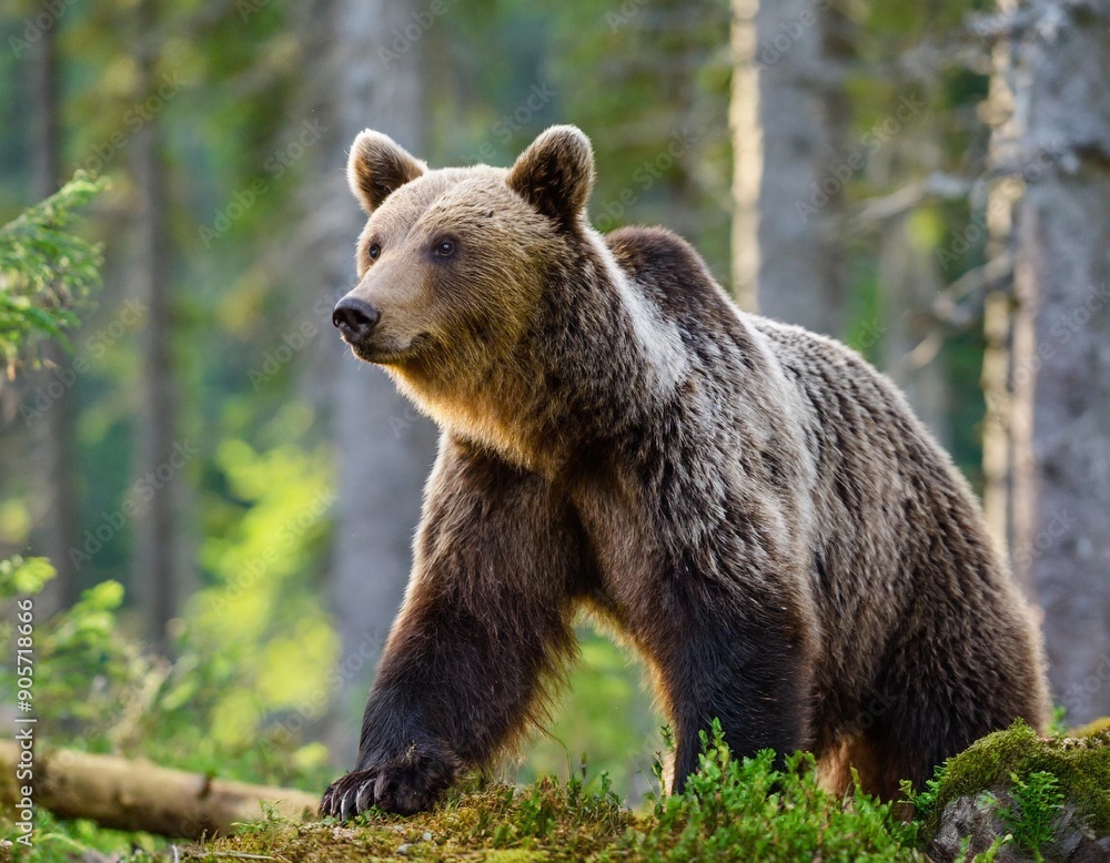 Wild Brown Bear (Ursus Arctos) in the summer forest. Animal in natural habitat. Wildlife scene