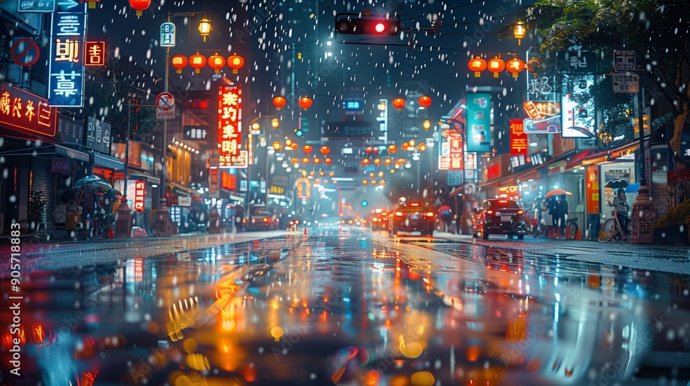 Vibrant Night Market in a Rainy City With Colorful Lanterns Reflecting on the Wet Pavement Vibrant Night Market in a Rainy City With Colorful Lanterns Reflecting on the Wet Pavement
