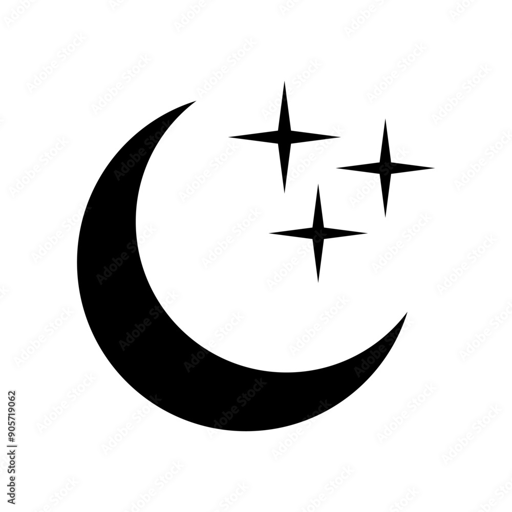 Crescent moon with stars icon on white background. Night icon. Crescent moon icon. Minimalist style.