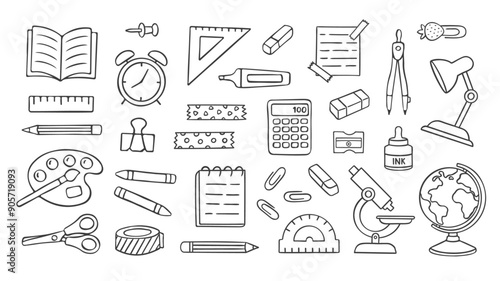 Doodle set of school supplies. Stationery icon set