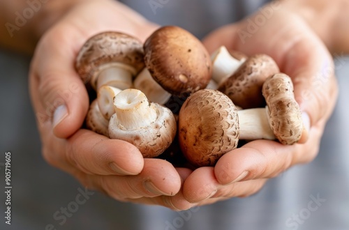 Freshly Handpicked Mushrooms Gathered in Hands in Natural Light