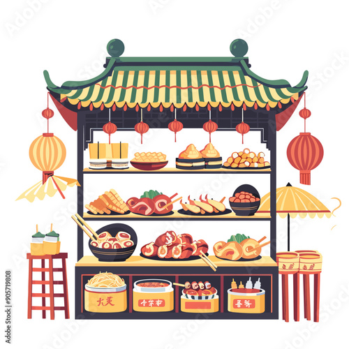 Chinese street food stall vender Asian cuisine booth, assorted traditional snacks meat. Lanterns decorations wood structure roof, isolated white background graphic style vector illustration. Asian