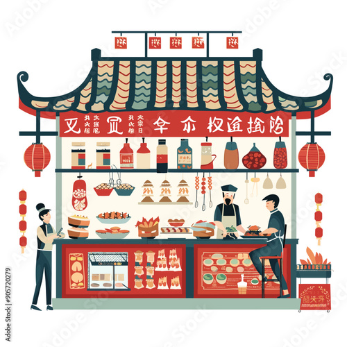 Street food vendor selling traditional Asian cuisine delicacies food stall Chinese decorations man serving customer. Woman deciding pick order exotic dishes lanterns red gold ornaments. Market booth