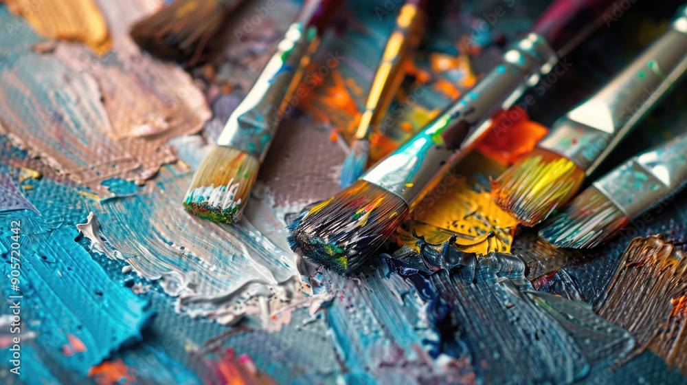 Close up of artist paintbrushes on canvas Close up of artist paintbrushes on canvas