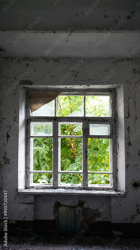 Fototapeta premium old abandoned premises, ruin. empty territories, abandoned houses. concept of war, Chernobyl disaster, apocalypse. brick buildings. sad view, heavy atmosphere. desolation and destruction of the abode