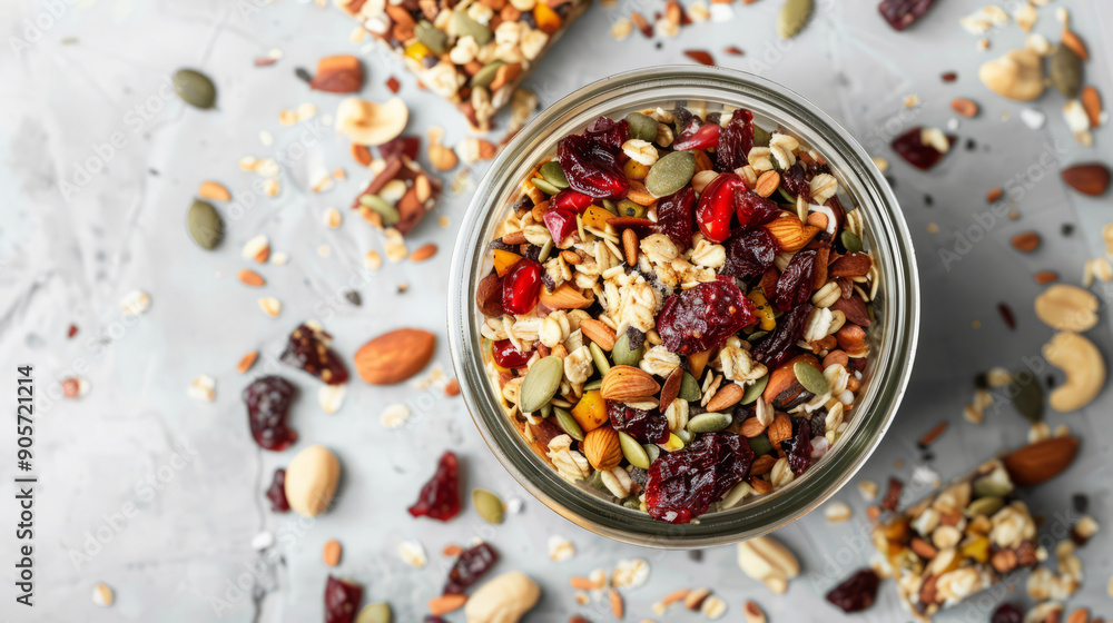 Healthy Granola with Nuts, Seeds, and Dried Berries in a Glass Jar Healthy Granola with Nuts, Seeds, and Dried Berries in a Glass Jar