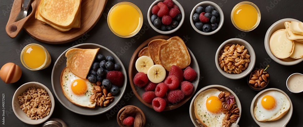 Gourmet flat lay of breakfast food Gourmet flat lay of breakfast food