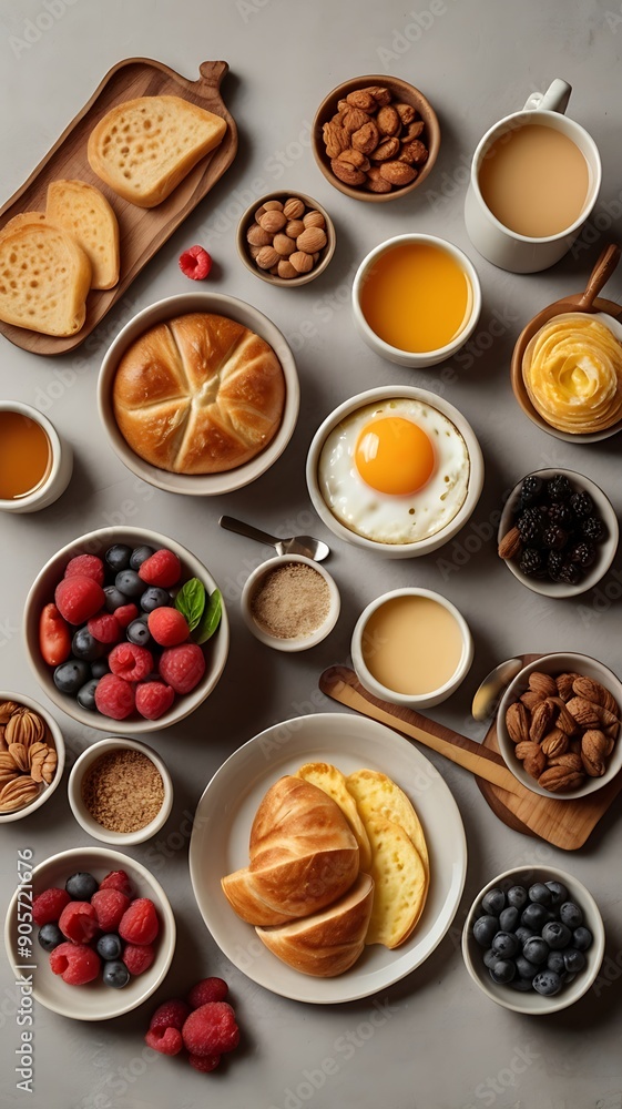 Gourmet flat lay of breakfast food Gourmet flat lay of breakfast food