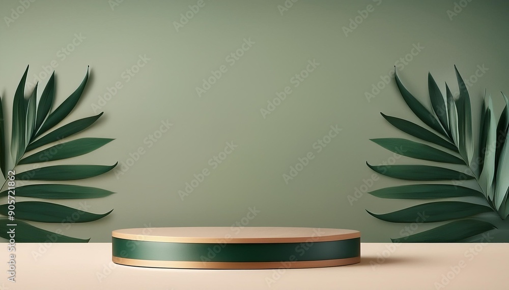 front view podium design for product display or product stand with leaf ornaments and minimalist background front view podium design for product display or product stand with leaf ornaments and minimalist background