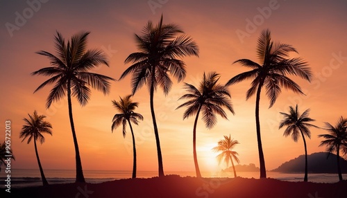 drawn palm trees on a sunset background
