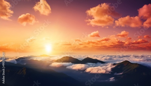 sunset over mountains and clouds 3d illustration toned