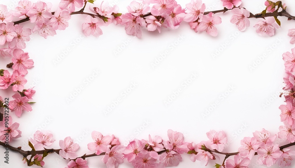 Fototapeta premium pink cherry blossom border frame isolated on white background