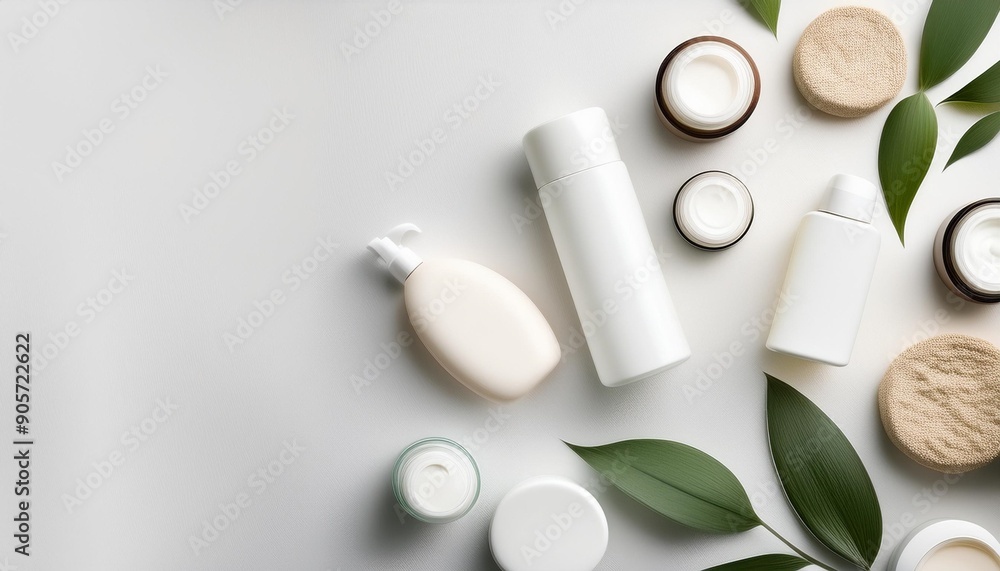 flat lay of clean skincare products top view light background stylish and modern banner with plenty of copy space flat lay of clean skincare products top view light background stylish and modern banner with plenty of copy space