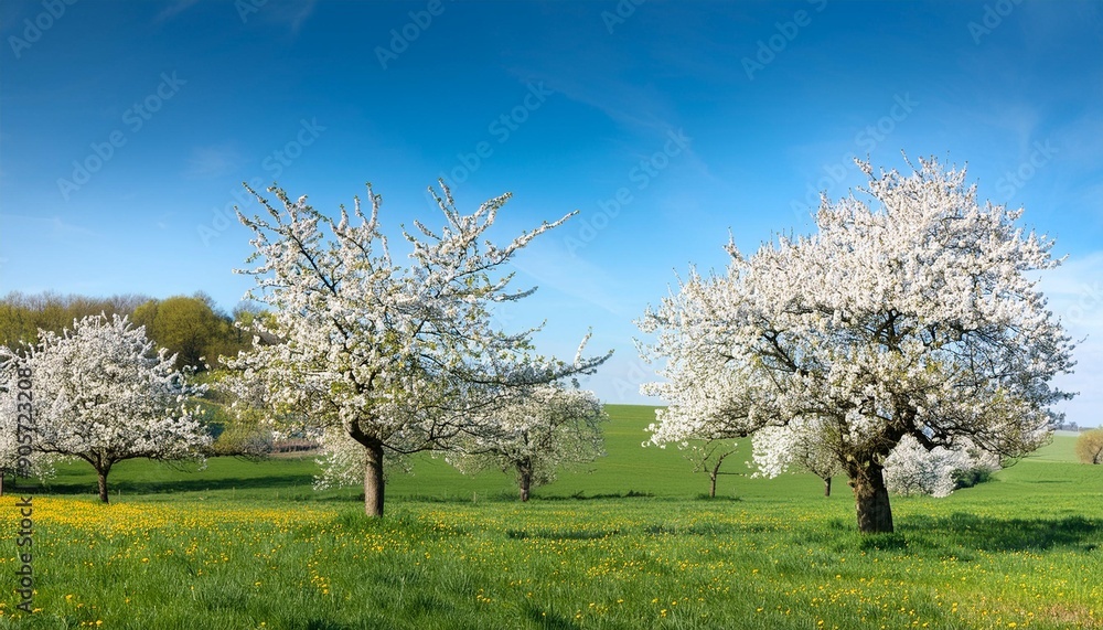 Fototapeta premium blossoming trees in spring in rural scenery