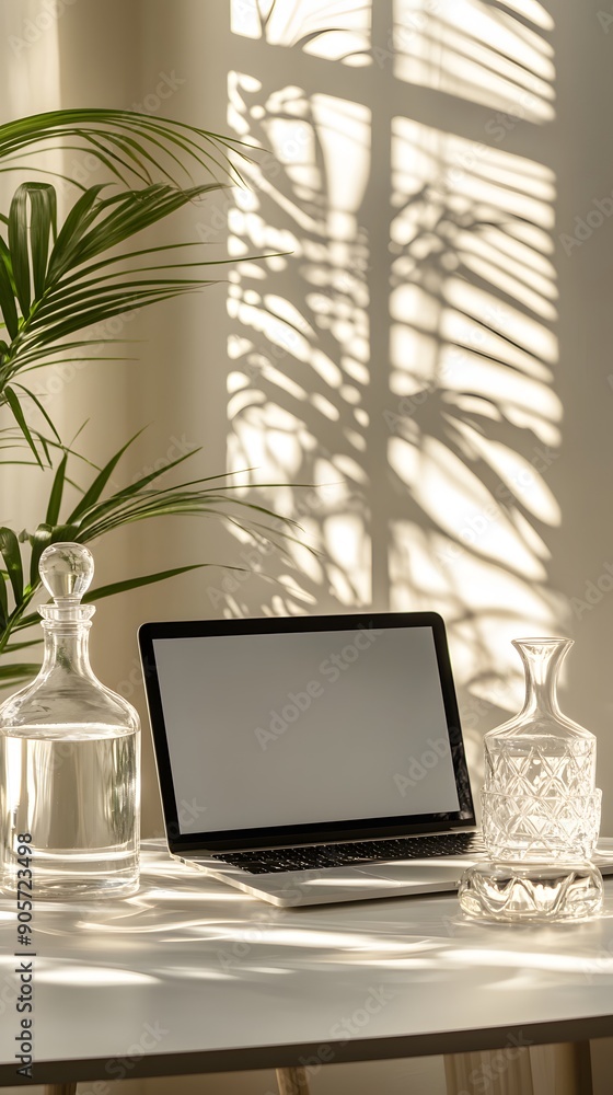 Front view home office setup. Laptop with blank screen, glasses, water decanter and glass on white table. Gentle sunlight and shadow play. Copy space Front view home office setup. Laptop with blank screen, glasses, water decanter and glass on white table. Gentle sunlight and shadow play. Copy space