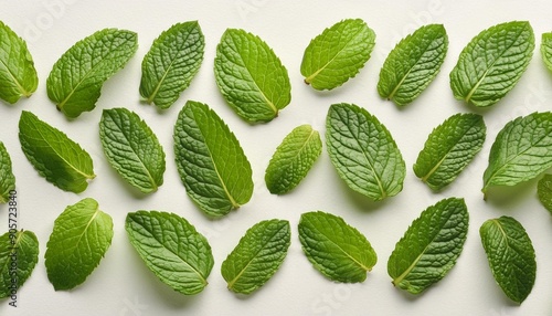 an overhead photo of fresh green mint leaves neatly arranged in a repeating pattern on a white background