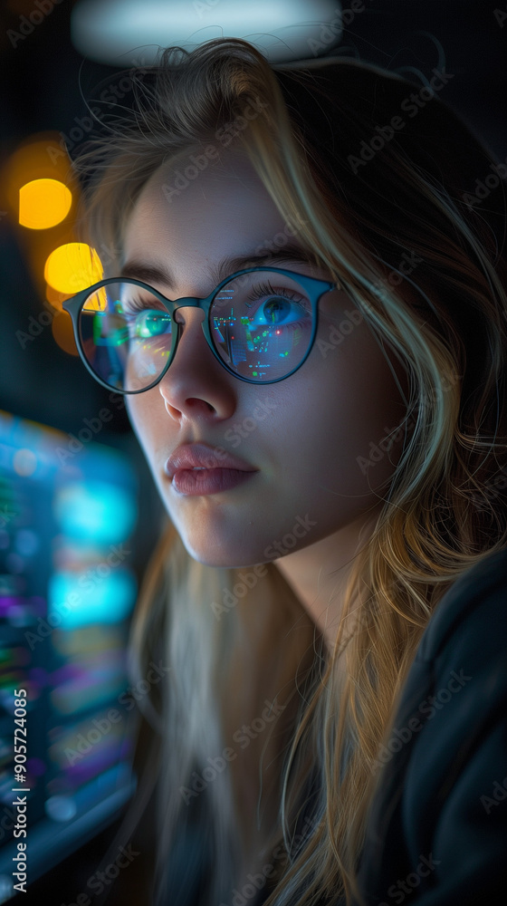 A female cybersecurity analyst with a determined expression, staring intently at a screen filled with code, working tirelessly to protect sensitive information. A female cybersecurity analyst with a determined expression, staring intently at a screen filled with code, working tirelessly to protect sensitive information.