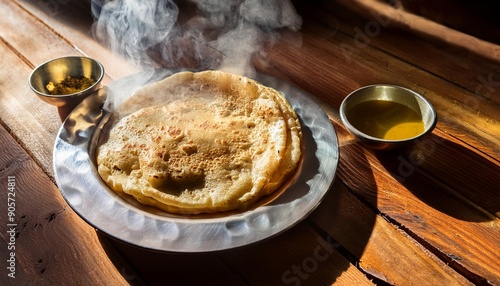 a vibrant freshly cooked moli poratha steaming on a rustic wooden table with hints of natural sunlight illuminating the scene photo