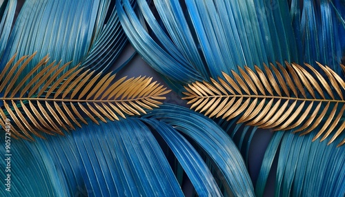 wallpaper made of palm leaves in blue and gold in the style of photorealistic pastiche