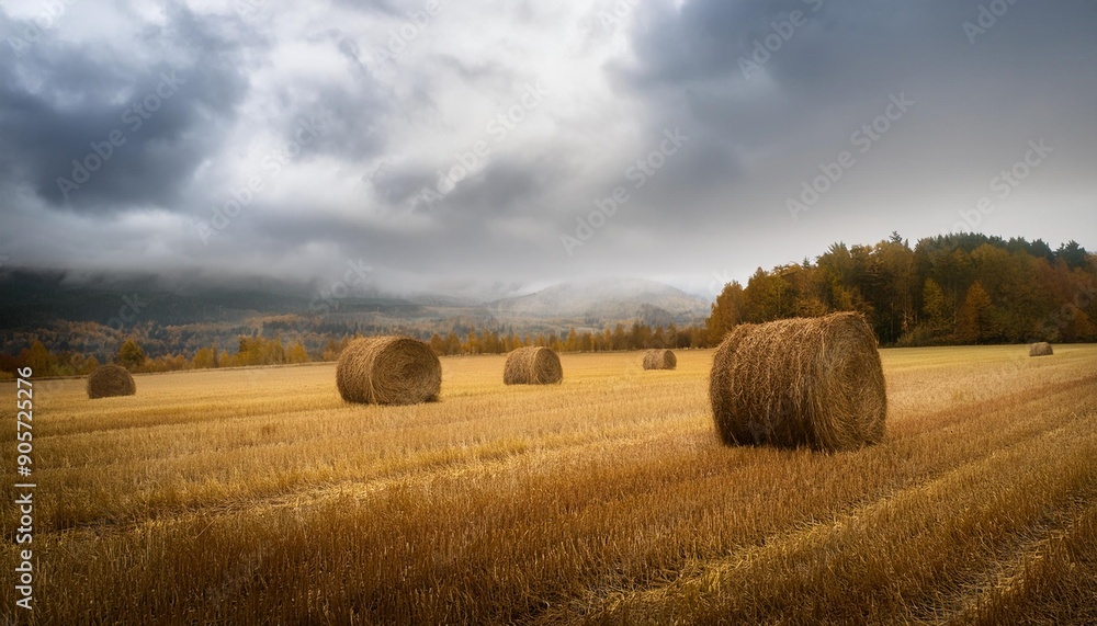 Fototapeta premium cloudy and dreary autumn scenery in a field with hay stacks
