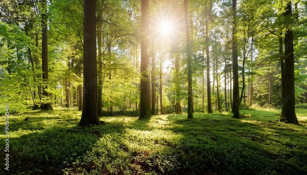 Obraz premium panorama of a beautiful green forest with bright sun shining through large trees