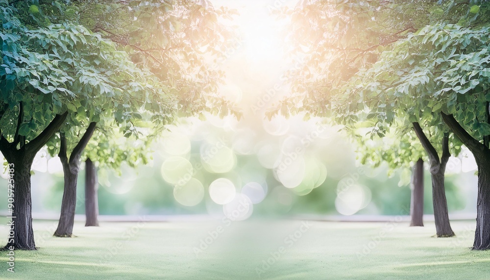 Obraz premium sunshine through blurred green trees empty abstract summer or spring background banner with defocused lights and copy space