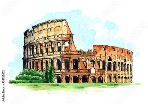 Tapeta Hand drawn ink and watercolor sketch Colloseum