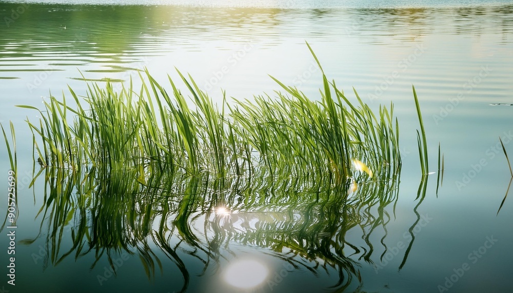 Fototapeta premium moving water surface with reeds reflected in the water