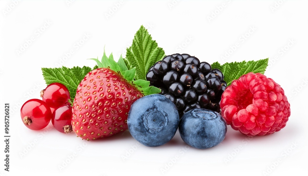 mix of berries for smoothie isolated fresh blueberry blackberry currant berry raspberry with leaves on white background mix of berries for smoothie isolated fresh blueberry blackberry currant berry raspberry with leaves on white background
