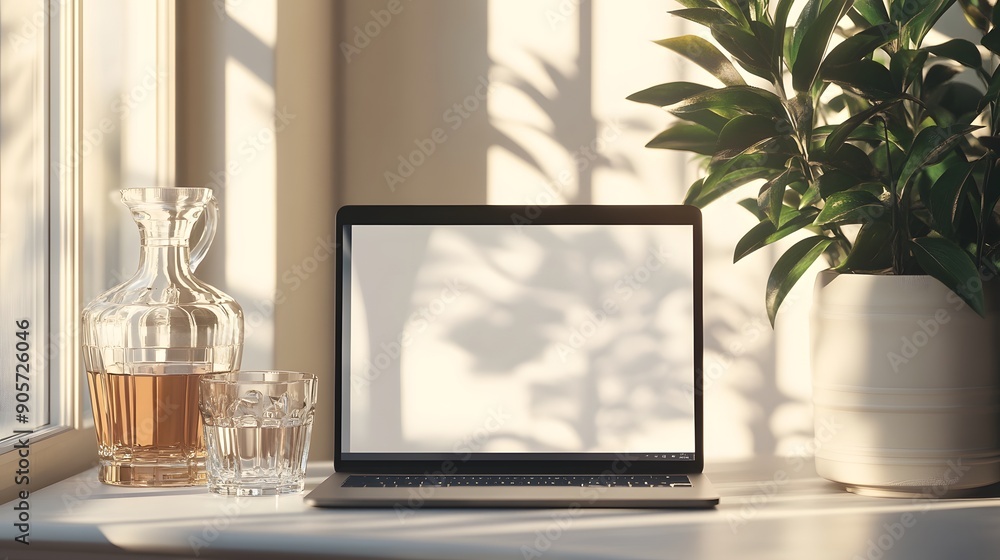 Fototapeta premium Front view home office setup. Laptop with blank screen, glasses, water decanter, and glass on white table. Natural sunlight glare and shadows. Copy space
