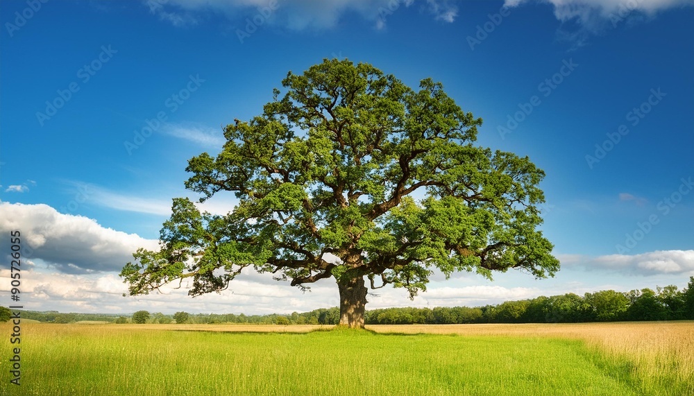 single big oak tree in field with perfect treetop single big oak tree in field with perfect treetop
