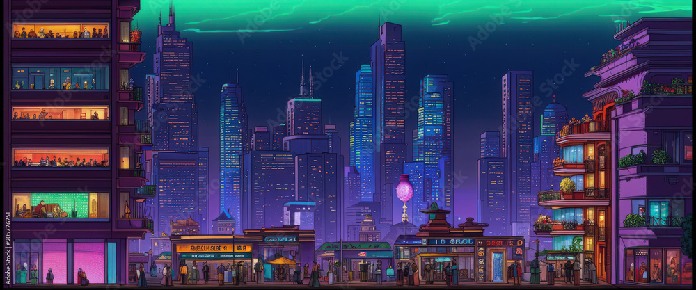 Obraz premium 80s | Retro | Futuristic | Cityscape | Seasonal | Night Time Sky | Isometric | Pixel Art | 2D