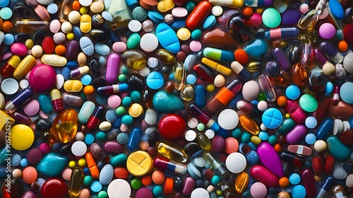 A vibrant and detailed image showcasing an assortment of various pills and tablets