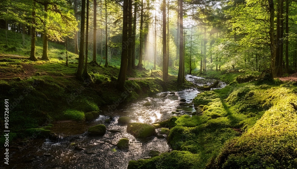 Fototapeta premium a sun dappled forest glen with a babbling brook winding through