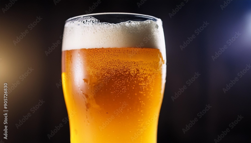 glass of cold craft light beer on dark background