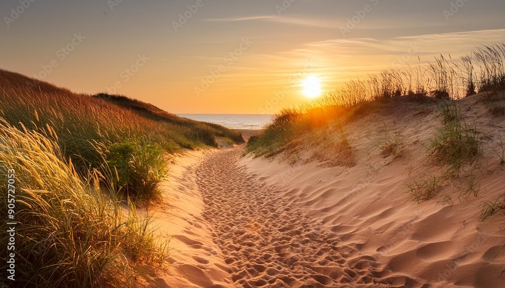 a walk on the beach sandy trail winds along a great lakes beach with a sunset horizon and sand dunes as a backdrop muskegon michigan a walk on the beach sandy trail winds along a great lakes beach with a sunset horizon and sand dunes as a backdrop muskegon michigan