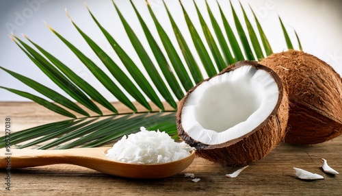 halved coconut reveals its white flesh while whole coconut rests nearby on rustic wooden surface shredded coconut fills wooden spoon green palm leaves add freshness to composition tropical