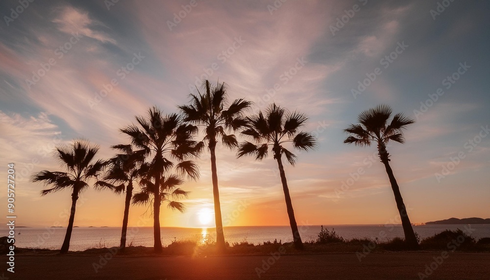 Obraz premium palm trees silhouetted against a vibrant sunset with the sun dipping into the horizon