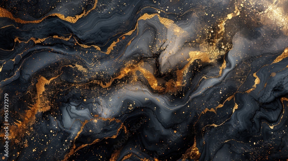 Fototapeta premium A sophisticated gold and black marble abstract design, featuring fluid watercolor effects, white ink splashes, and modern brush strokes, set against a sleek, luxurious background
