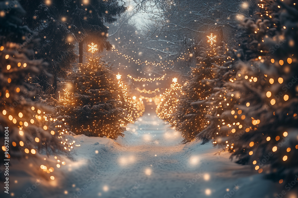 A magical winter wonderland with snow-covered trees, twinkling lights, and festive decorations, creating a perfect holiday scene. A magical winter wonderland with snow-covered trees, twinkling lights, and festive decorations, creating a perfect holiday scene.