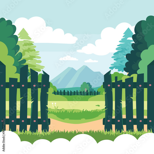 Open garden gate leading scenic landscape mountains, trees, clear sky. Black picket fence surrounding lush green field, dirt path, distant mountains. Bright day scattered clouds, cartoon style