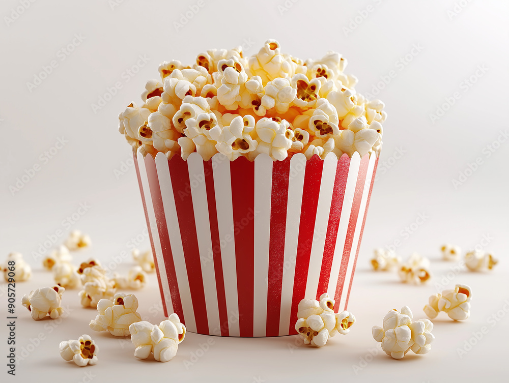 Delicious popcorn in red and white cup surrounded by spilled kernels on table Delicious popcorn in red and white cup surrounded by spilled kernels on table