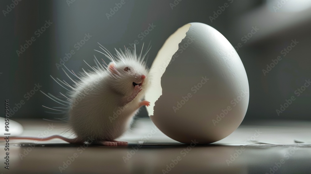 A tiny white mouse stands beside a broken eggshell A tiny white mouse stands beside a broken eggshell
