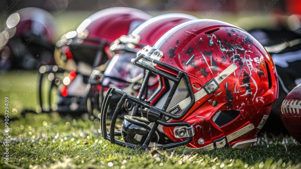 American Football Helmets and Ball Lying on Field
American Football Helmets and Ball Lying on Field